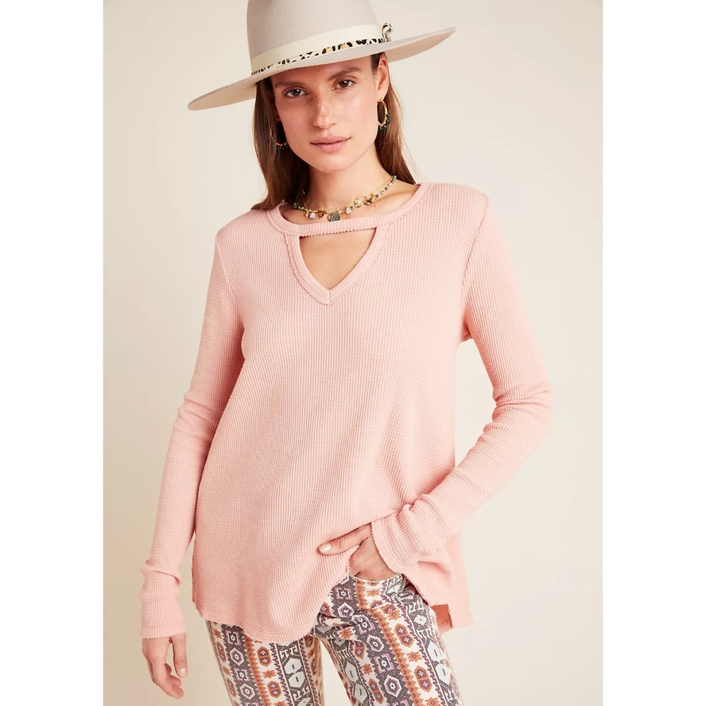 anthro | t.la nadia cut-out waffle knit thermal tunic top dusty pink s